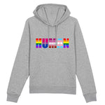 pull a capuche LGBT avec HUMAN en couleurs et en gros dessus. il est gris et de très bonne qualité. 