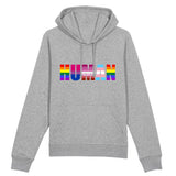 pull a capuche LGBT avec HUMAN en couleurs et en gros dessus. il est gris et de très bonne qualité. 