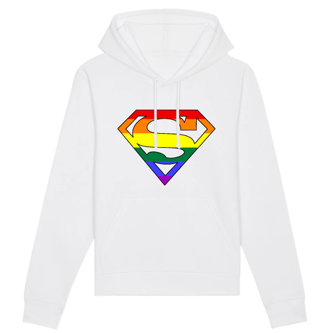 Sweat à capuche lgbtqiap+ superman et\ou supergirl avec les couleurs de arc-en-ciel PrideAvenue.fr de couleur blanc