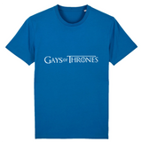 le tee shirt parfait pour ceux qui aime la série GOT pour game of thrones ! ce vêtement est fun car il y est écrit : GAY of thrones ! pour la blague ! le vêtement est de couleur bleu ciel