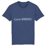 le tee shirt parfait pour ceux qui aime la série GOT pour game of thrones ! ce vêtement est fun car il y est écrit : GAY of thrones ! pour la blague ! le vêtement est de couleur bleu indigo