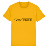 le tee shirt parfait pour ceux qui aime la série GOT pour game of thrones ! ce vêtement est fun car il y est écrit : GAY of thrones ! pour la blague ! le vêtement est de couleur jaune