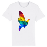Tee shirt de la marque pride avenue avec une jolie colombe en couleurs du drapeau de la communauté LGBT ! 12 couleurs différentes pour les T-shirts. celui-ci est blanc de pureté