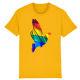 Tee shirt de la marque pride avenue avec une jolie colombe en couleurs du drapeau de la communauté LGBT ! 12 couleurs différentes pour les T-shirts. celui-ci est jaune