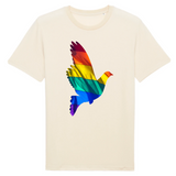 Tee shirt de la marque pride avenue avec une jolie colombe en couleurs du drapeau de la communauté LGBT ! 12 couleurs différentes pour les T-shirts. celui-ci est coton naturel