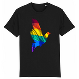 Tee shirt de la marque pride avenue avec une jolie colombe en couleurs du drapeau de la communauté LGBT ! 12 couleurs différentes pour les T-shirts. celui-ci est noir profond