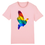 Tee shirt de la marque pride avenue avec une jolie colombe en couleurs du drapeau de la communauté LGBT ! 12 couleurs différentes pour les T-shirts. celui-ci est rose bonbon