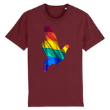 Tee shirt de la marque pride avenue avec une jolie colombe en couleurs du drapeau de la communauté LGBT ! 12 couleurs différentes pour les T-shirts. celui-ci est rouge bordeaux