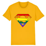 T-shirt lgbtqiap+ superman aux couleurs de l'arc-en-ciel de la marque PrideAvenue tee shirt couleur jaune comme un petit poussin