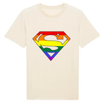 T-shirt lgbtqiap+ superman aux couleurs de l'arc-en-ciel de la marque PrideAvenue tee shirt couleur naturel comme notre peaux