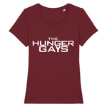 T-shirt LGBT the hunger gays avec l'écriture des films the hunger games ! le vêtement est de couleur rouge bordeaux 