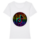 T-shirt LGBT coupe féminine de la collection Pride Avenue point F-R | Le logo Tiktok est en 3D et en néon. le vêtement est de couleur blanc