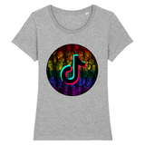 T-shirt LGBT coupe féminine de la collection Pride Avenue point F-R | Le logo Tiktok est en 3D et en néon. le vêtement est de couleur gris