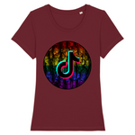 T-shirt LGBT coupe féminine de la collection Pride Avenue point F-R | Le logo Tiktok est en 3D et en néon. le vêtement est de couleur rouge bordeaux tellement beau