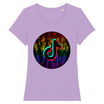 T-shirt LGBT coupe féminine de la collection Pride Avenue point F-R | Le logo Tiktok est en 3D et en néon. le vêtement est de couleur lavande violet 