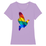 le vêtement à une belle colombe en plein millieu, celle-ci n'est pas blanche mais en couleur. De la couleur du drapeau LGBT et en 3D. le rendu est parfait. le t-shirt est de couleur lavande