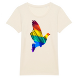 le vêtement à une belle colombe en plein millieu, celle-ci n'est pas blanche mais en couleur. De la couleur du drapeau LGBT et en 3D. le rendu est tip-top. le t-shirt est de couleur coton naturel