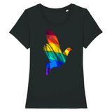 le vêtement à une belle colombe en plein millieu, celle-ci n'est pas blanche mais en couleur. De la couleur du drapeau LGBT et en 3D. le rendu est vraiment bien. le t-shirt est de couleur noir