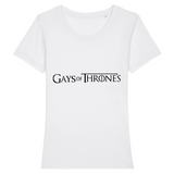 T-shirt LGBT très drôle car il y est écrit : Gays of thrones à la place de Game of thrones. le vetement est de couleur blanc pure.