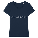 T-shirt LGBT très drôle car il y est écrit : Gays of thrones à la place de Game of thrones. le vetement est de couleur bleu marine 