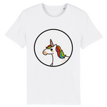 t-shirt de la marque PrideAvenue avec un rond au centre contenant une jolie licorne kawaii avec une crinière arc en ciel de couleur blanc